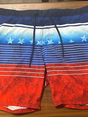 ZeroXposur Men's Blue and Red Striped Star Swim Board Shorts